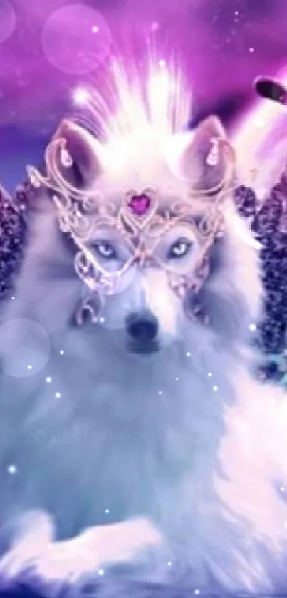 Mystical wolf with wings and gemstones in a fantasy wallpaper.