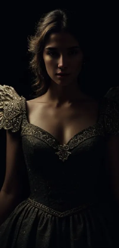 Woman with mystical winged shoulders in dark elegance.