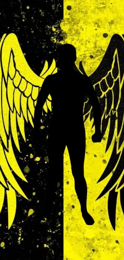 Silhouette with artistic wings on a yellow and black background.