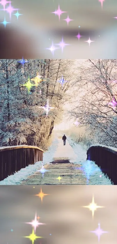 Winter bridge with sparkles and snow-covered path in serene scenery.