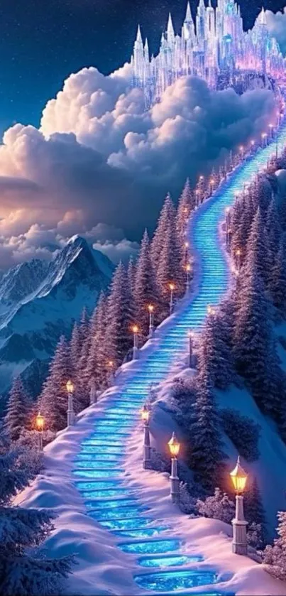 Enchanting blue pathway to a snowy castle under a starry sky.