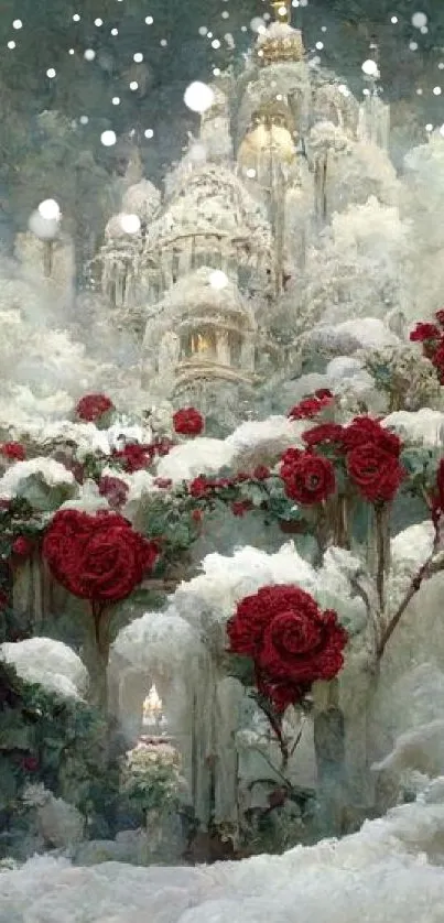 Majestic castle surrounded by snow and red roses in a mystical winter scene.