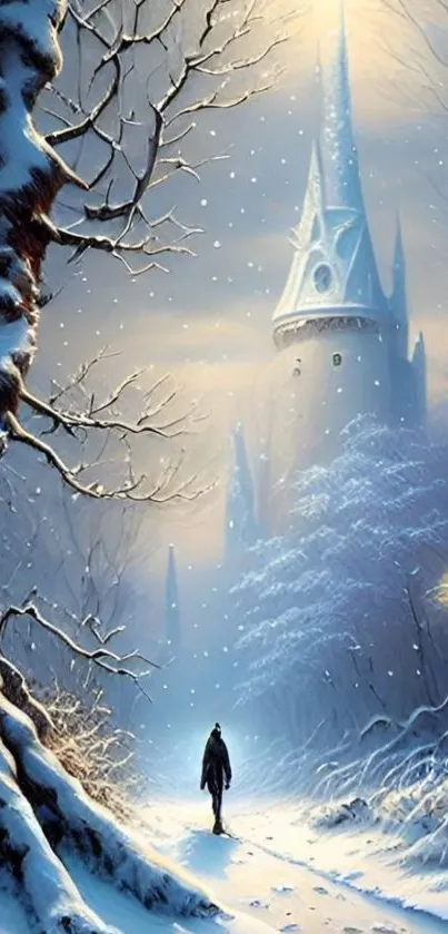 Lone traveler in snowy winter path with a mystical castle in the distance.