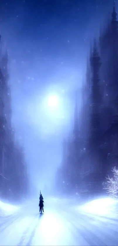 Mystical winter cityscape with gothic architecture and snowy streets.