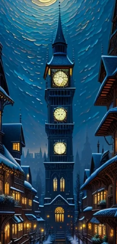 Magical winter night scene with clock tower, snow, and glowing lights.