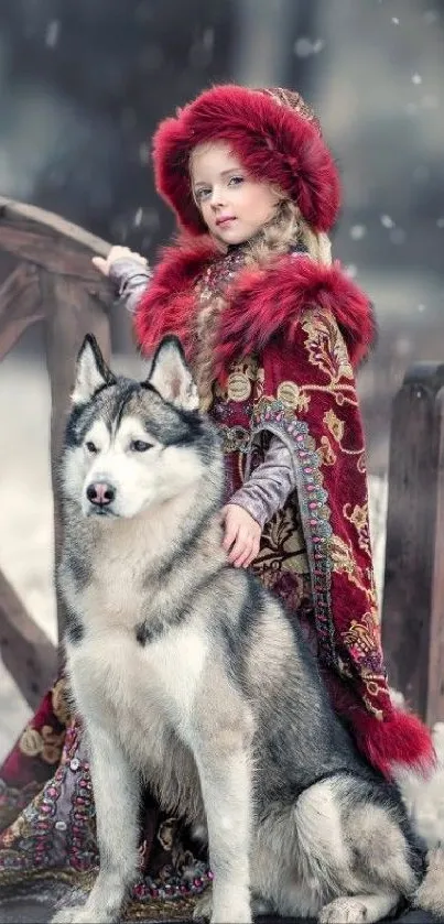 Girl in red cloak with husky in winter scene.
