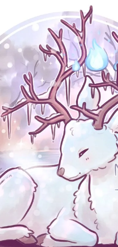 Mystical deer with glowing antlers on winter background.