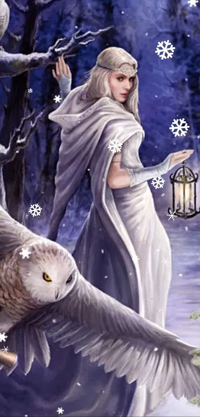 Fantasy winter scene with an elegant woman, snowy owl, and lantern in a mystical forest.