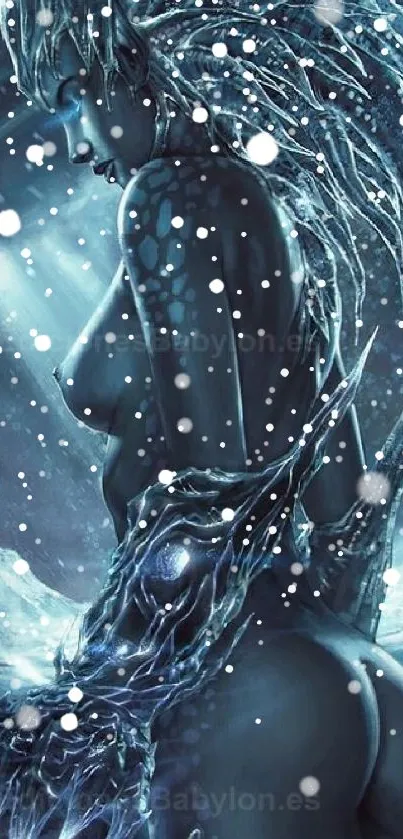 Mystical winter fantasy art featuring an ethereal figure in icy surroundings.