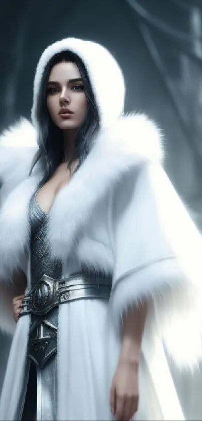 Mystical woman in white fur cloak stands in a dark, snowy forest.