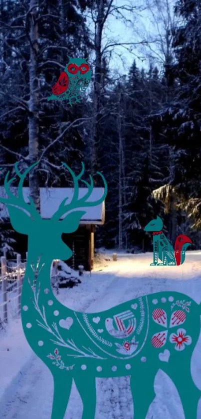 Mystic deer in snowy winter forest with vibrant teal and red accents.