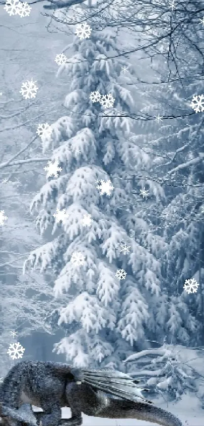 Dragon resting in snowy winter forest with trees covered in snow.