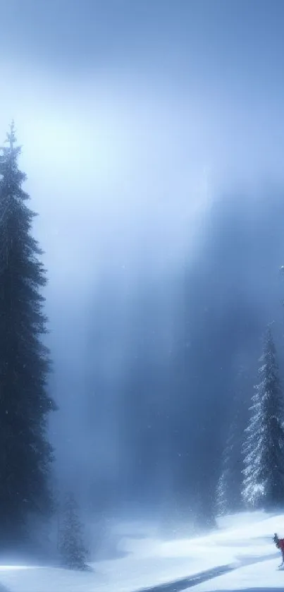 A serene snowy winter forest path with pine trees and a lone animal.