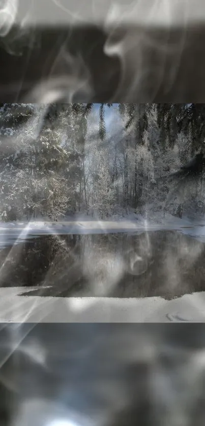 Mystical winter forest with snow and ethereal smoke effect on phone wallpaper.