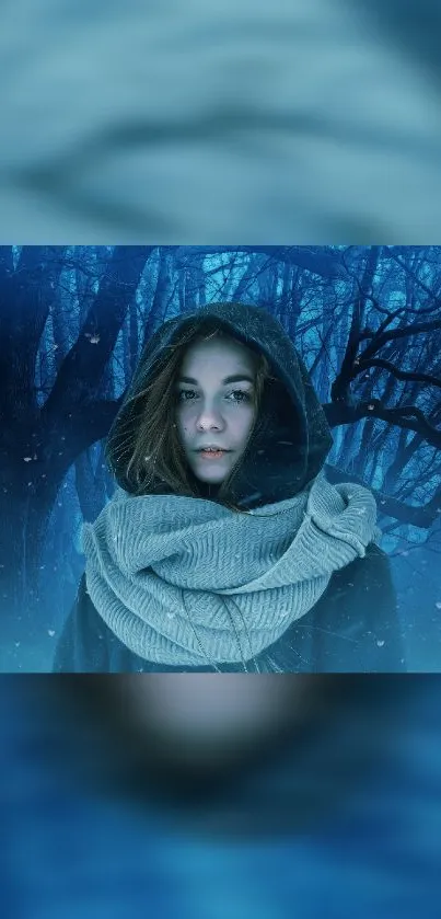 Hooded figure in mystical winter forest backdrop with blue tones.