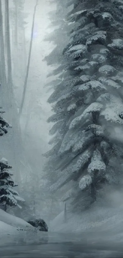 Serene winter forest with snow-laden trees and misty atmosphere on a mobile wallpaper.