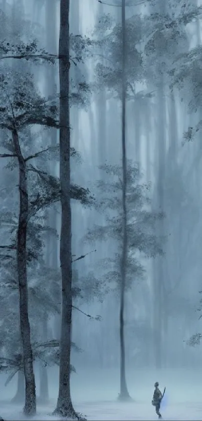 A lone figure stands amidst a misty winter forest with tall, shadowy trees.