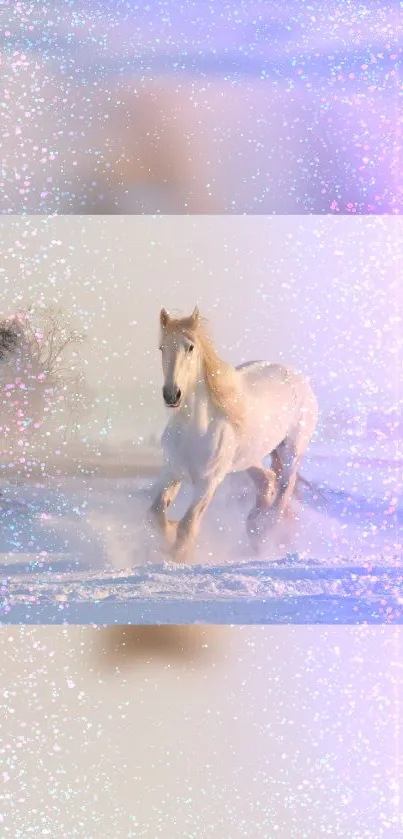 A mystical horse runs through a snowy landscape with sparkling effects.