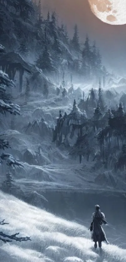 Mystical winter landscape with moonlit snowy scene.