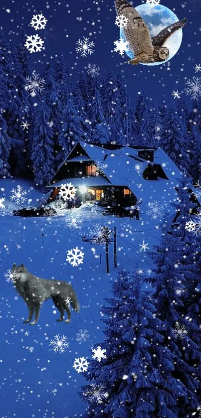 Mystical winter night scene with cabin, wolf, and snowy forest.