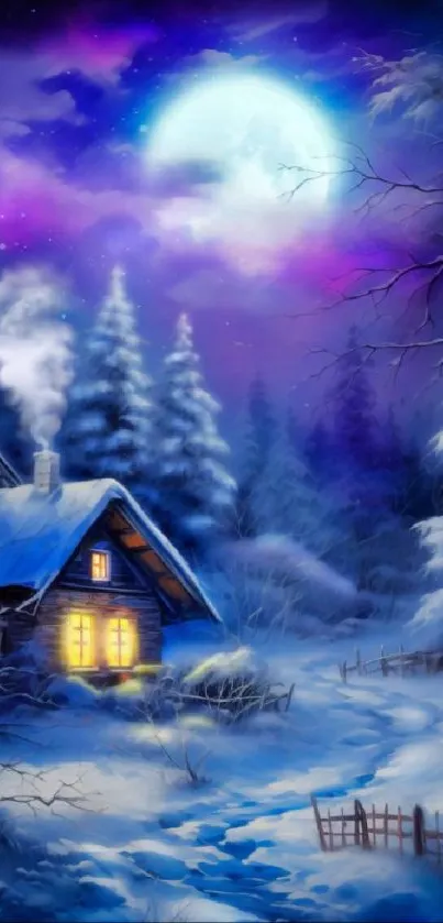 Mobile wallpaper of a snowy cabin under a mystical moonlit winter sky with purple hues.