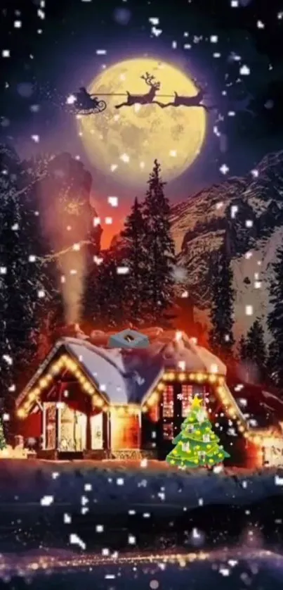 Christmas night with Santa's sleigh over a snowy cabin under a full moon.