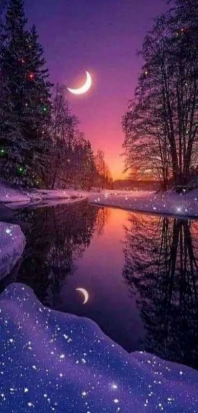 Crescent moon over snowy river, purple night sky.