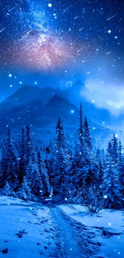 Snowy pine forest under starry night sky wallpaper.