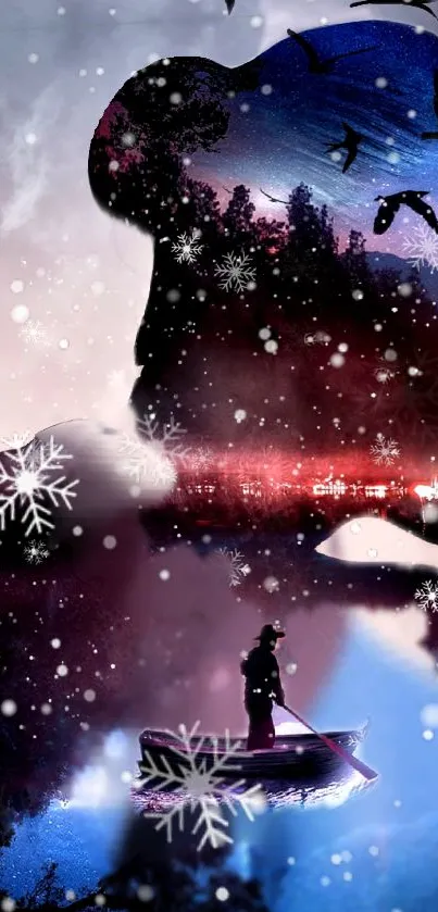 Mystical winter night wallpaper with snowflakes over a silhouette.