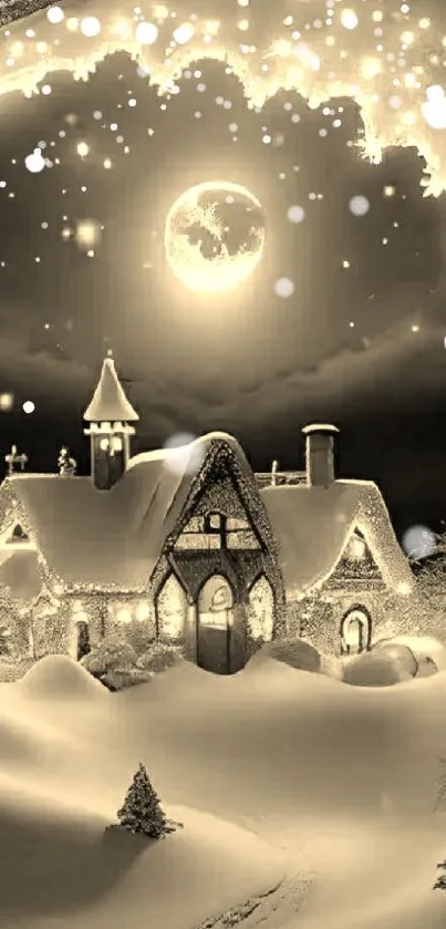 Sepia winter scene with a cottage and glowing moon.