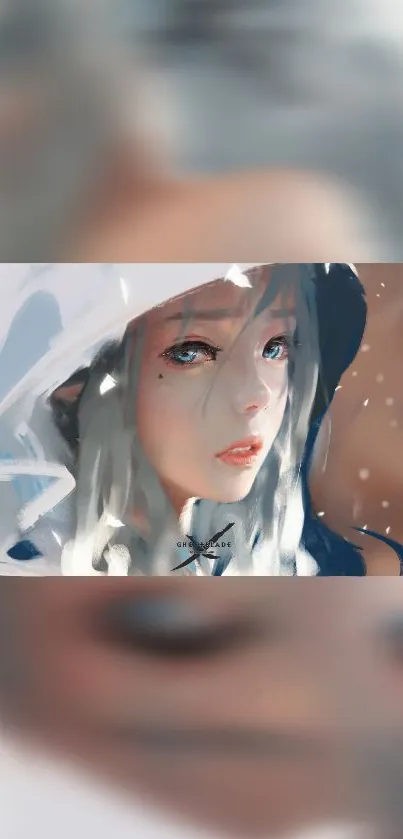 Digital artwork of a girl with white hair and blue eyes wearing a white hood.