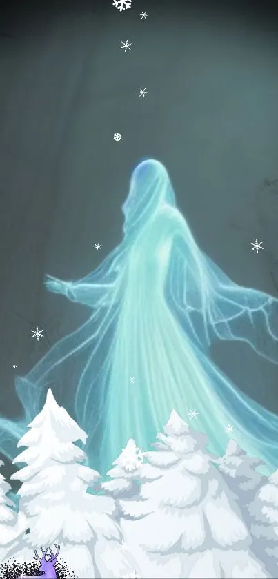 Ethereal spirit in winter forest with snowflakes and icy blue glow.