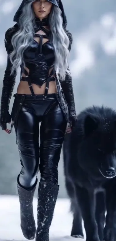 Mystical warrior and black wolf in snow