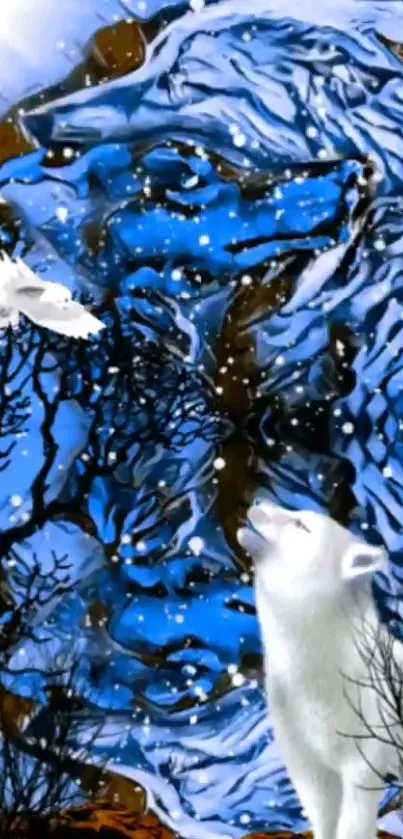 Mystical winter scene with white fox and owl against a blue snowy landscape.