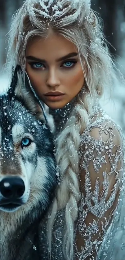 Mystical winter scene with a wolf companion.