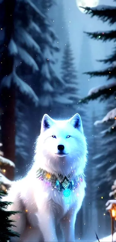 White wolf in snowy forest under moonlight.