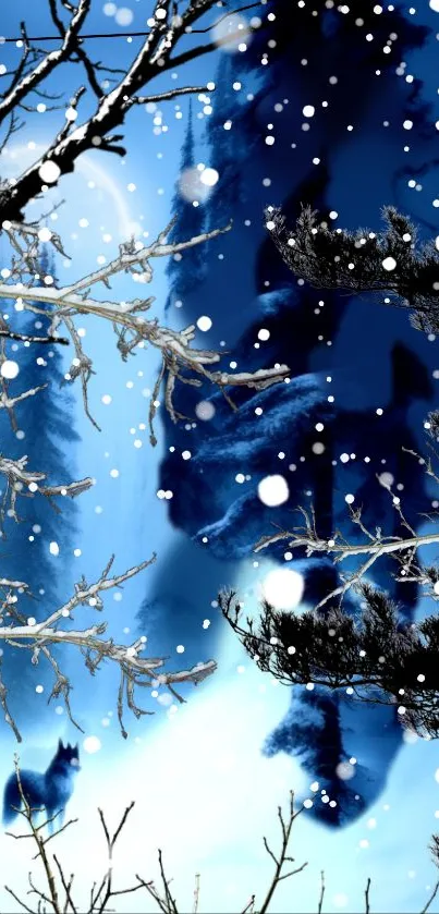 Mystical winter forest with wolves and snowflakes mobile wallpaper in blue hues.