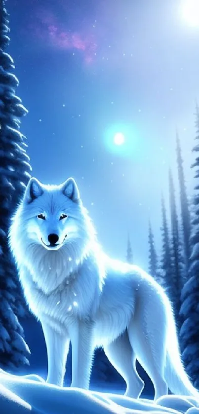 White wolf in a snowy, moonlit winter forest scene.