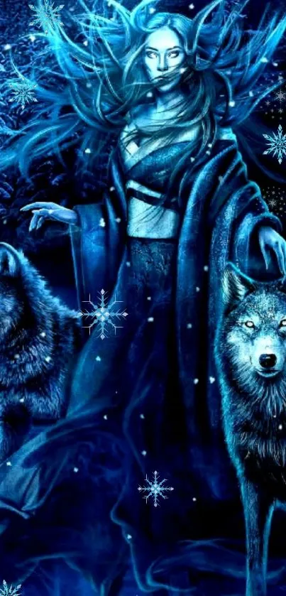 Mystical figure and wolves in an icy blue winter scene with snowflakes.