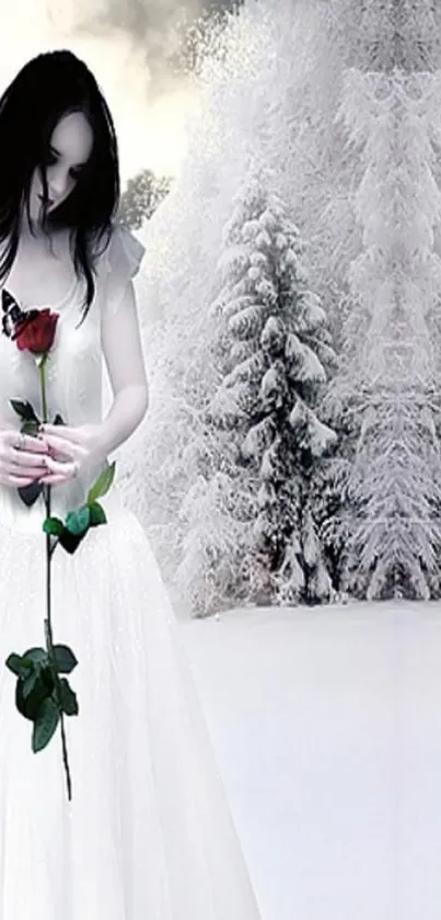 Ethereal figure with red rose in snowy forest.