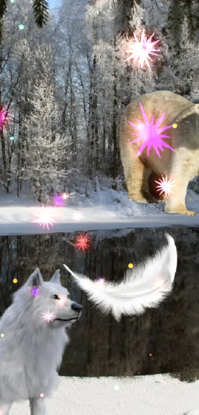 Wallpaper of a white wolf and polar bear in a snowy forest with glowing stars.