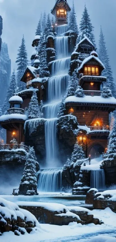 Snowy cabin with waterfalls in a winter wonderland setting.