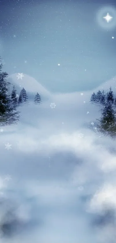 Serene winter scene with snow, moon, and trees under a starry sky.