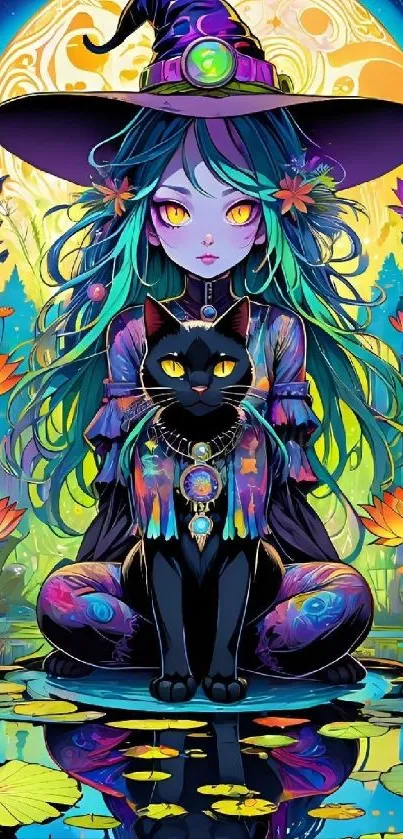 Colorful witch and black cat in vibrant fantasy art.