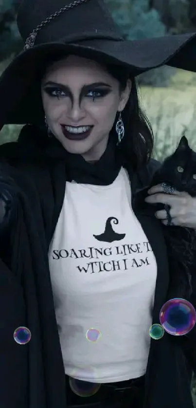 Mystical portrait of a witch holding a black cat in an outdoor setting.