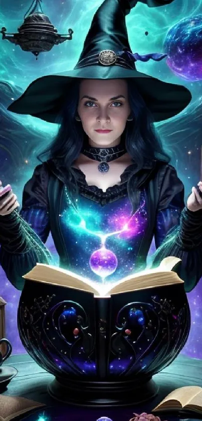 Witch in mystical setting with glowing magic book, casting spells under a starry sky.