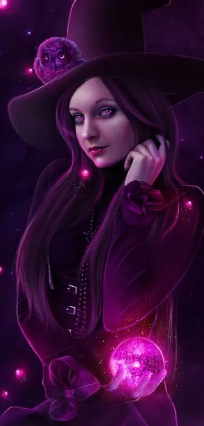 Mystical witch with purple orb glowing in the dark.