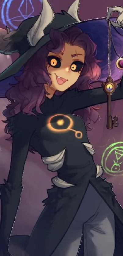 Anime witch with key and magical symbols in purple tones.