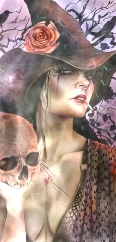 Mystical witch holding skull with rose-adorned hat.