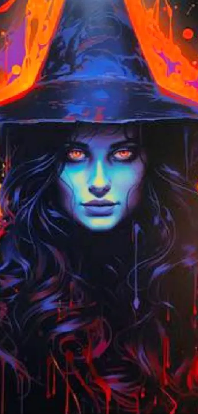 Vibrant witch art with mystical blue tones and fiery red accents for mobile wallpaper.